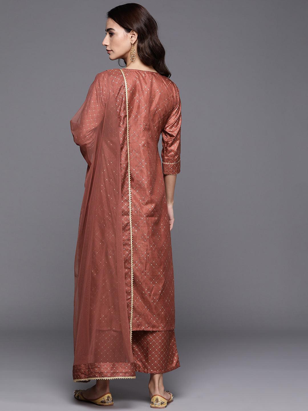 Brown Printed Silk Blend Suit Set - ShopLibas