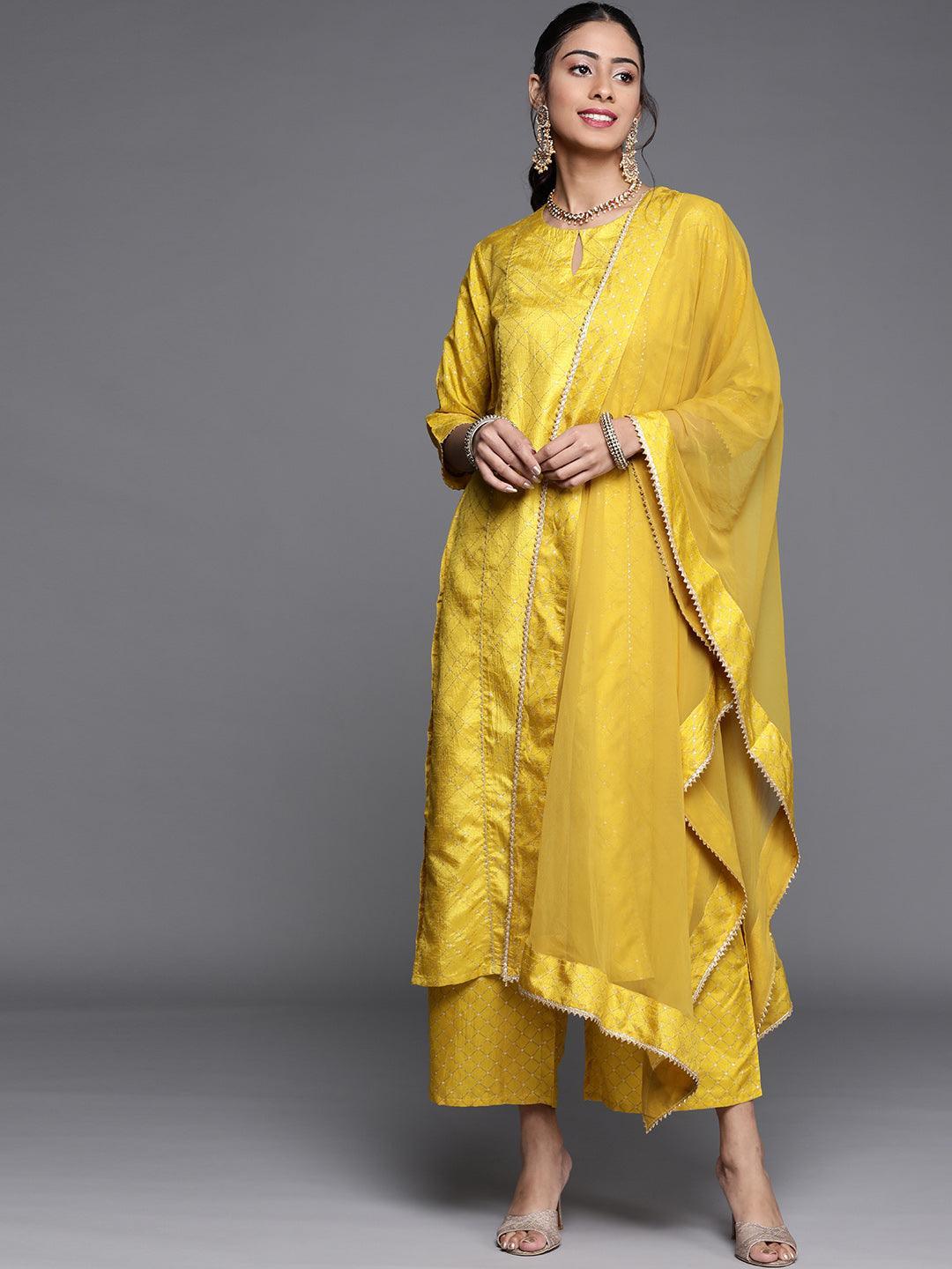 Yellow Printed Silk Blend Suit Set - ShopLibas