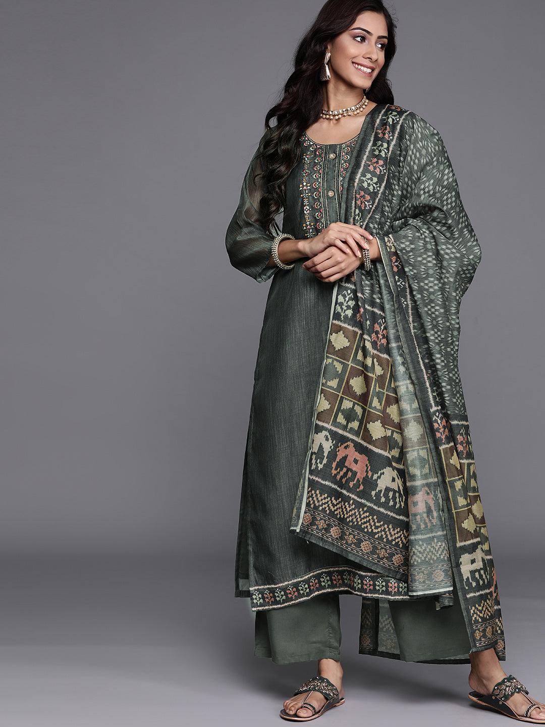 Green Embroidered Chanderi Silk Suit Set - ShopLibas