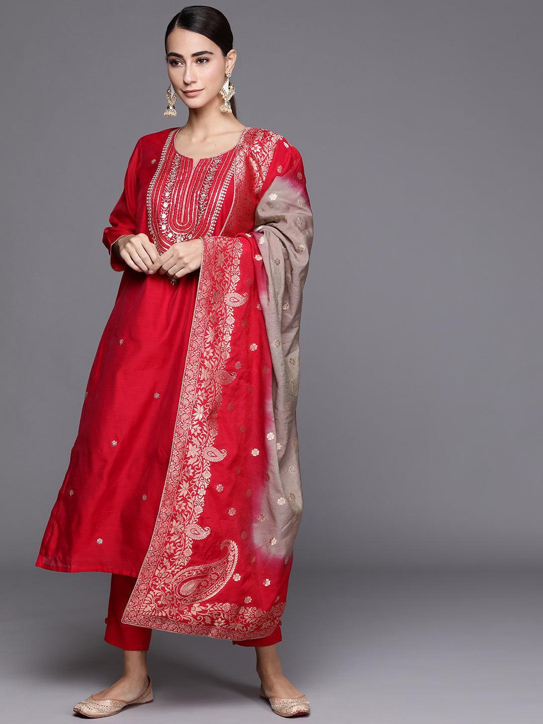 Red Embroidered Chanderi Silk Suit Set - ShopLibas