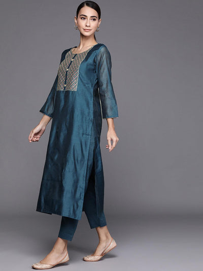 Teal Embroidered Chanderi Silk Suit Set - ShopLibas