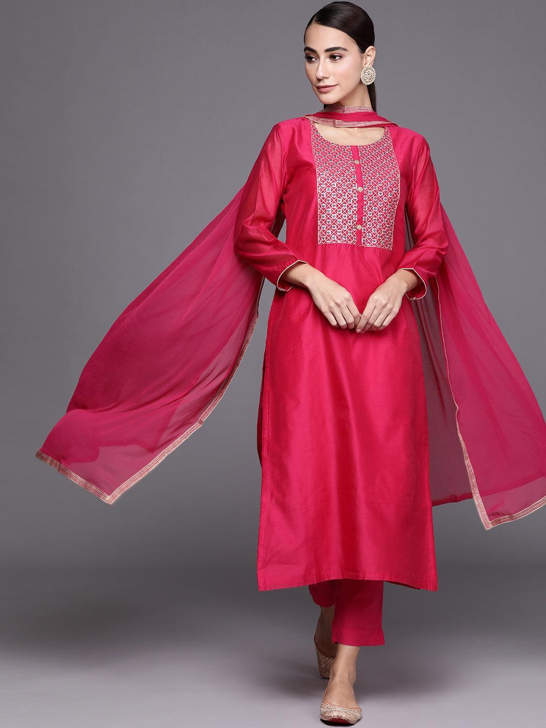 Pink Embroidered Chanderi Silk Suit Set - ShopLibas