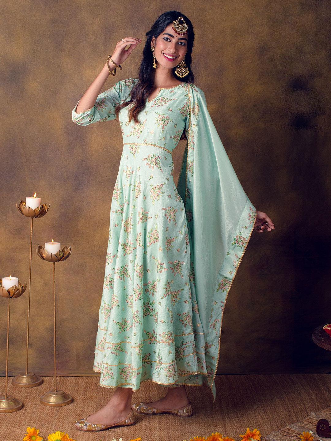 Green Printed Silk Blend Anarkali Dress With Dupatta - ShopLibas