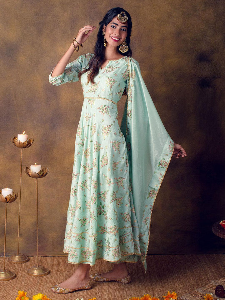 Green Printed Silk Blend Anarkali Dress With Dupatta - ShopLibas