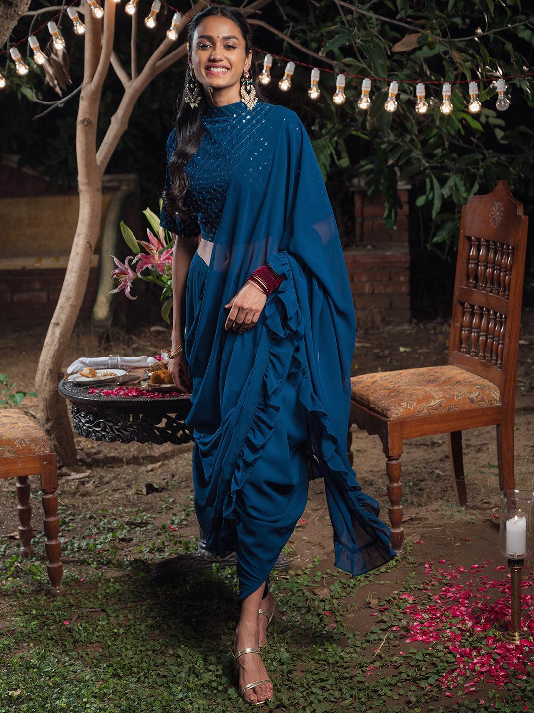 Blue Embellished Georgette Dhoti Saree - ShopLibas