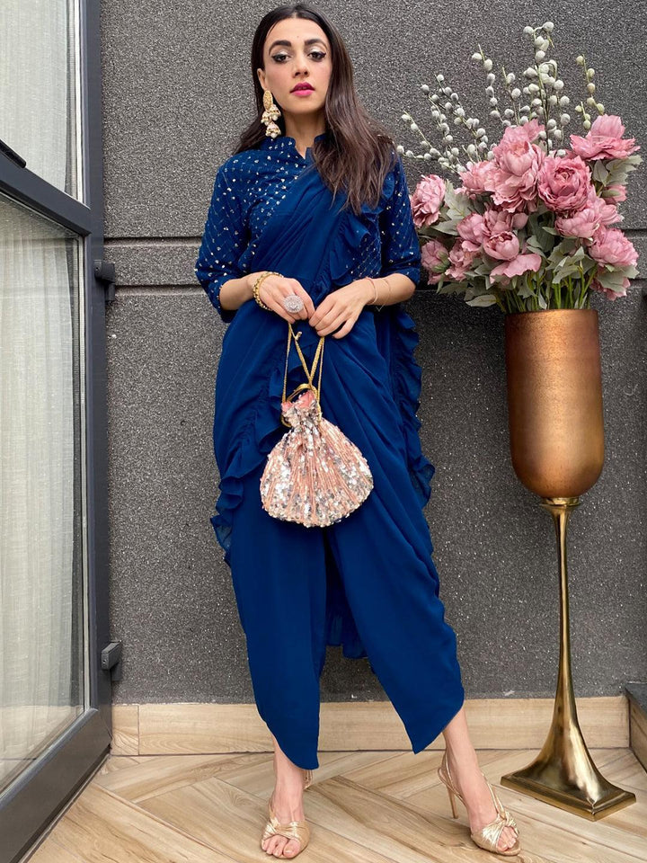 Blue Embellished Georgette Dhoti Saree - ShopLibas