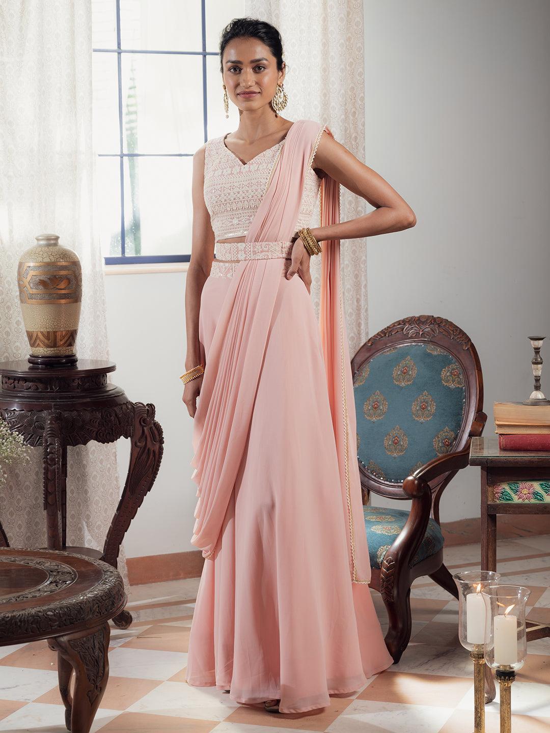 Pink Embroidered Georgette Lehenga Set - ShopLibas
