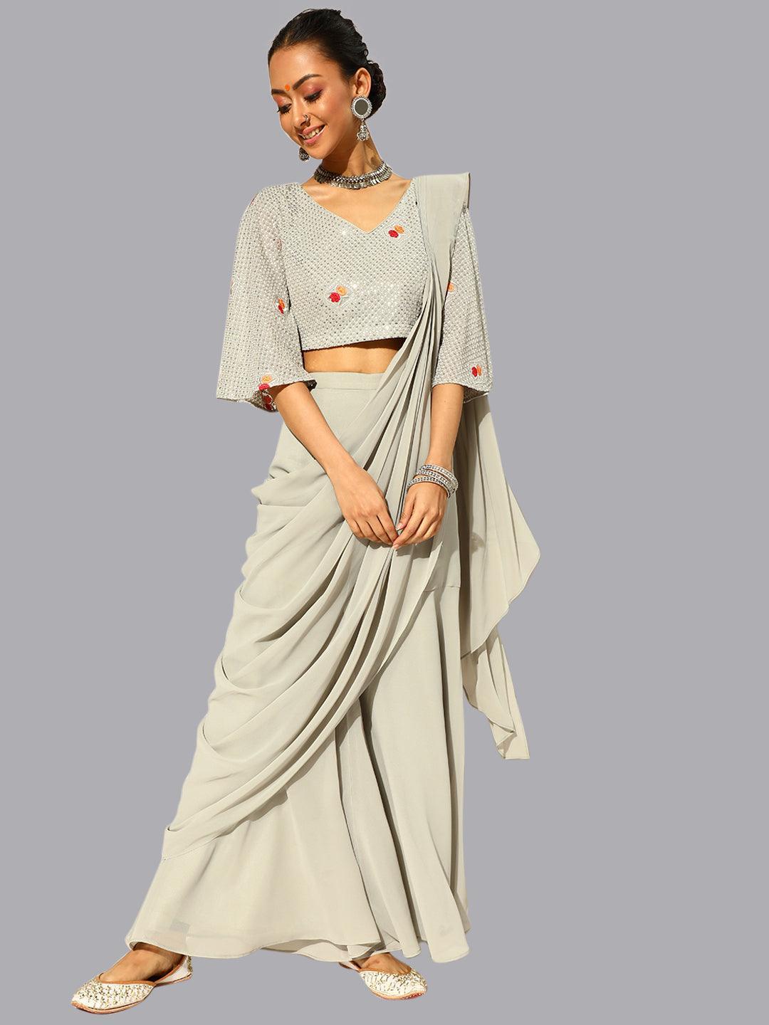 Grey Georgette Palazzo Saree - ShopLibas