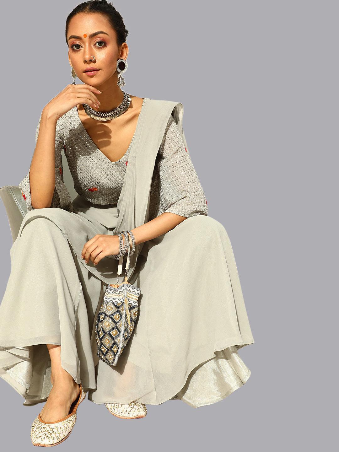 Grey Georgette Palazzo Saree - ShopLibas