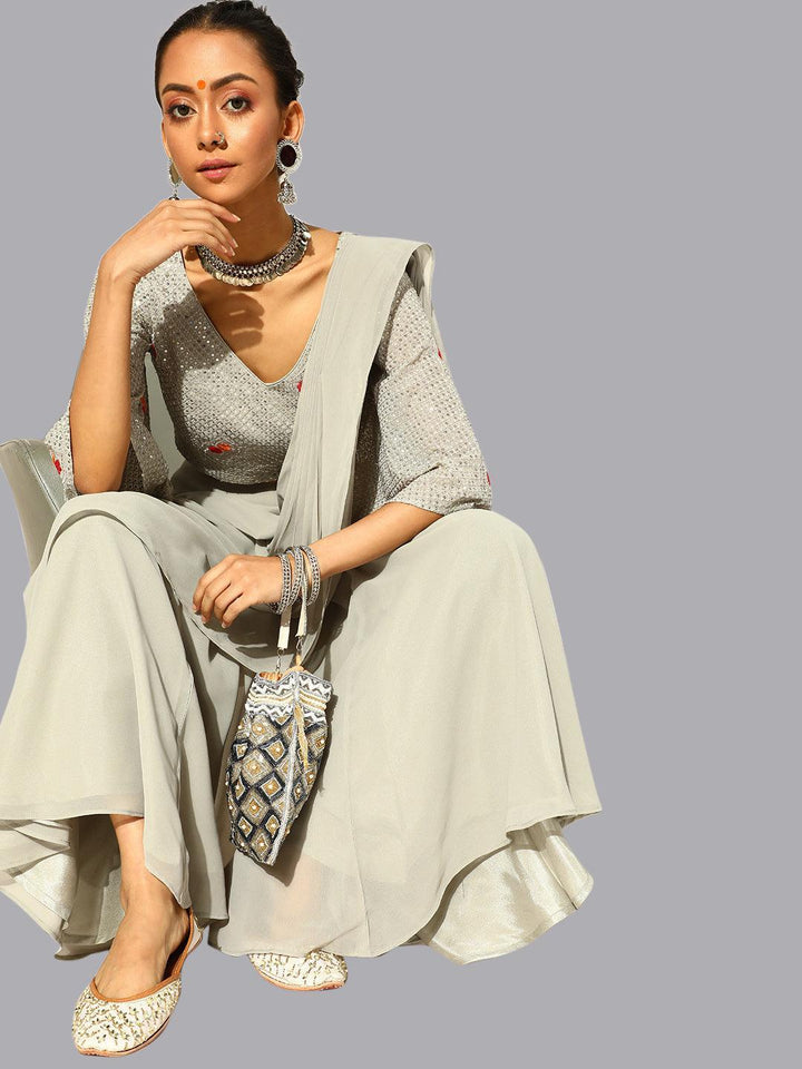Grey Georgette Palazzo Saree - ShopLibas