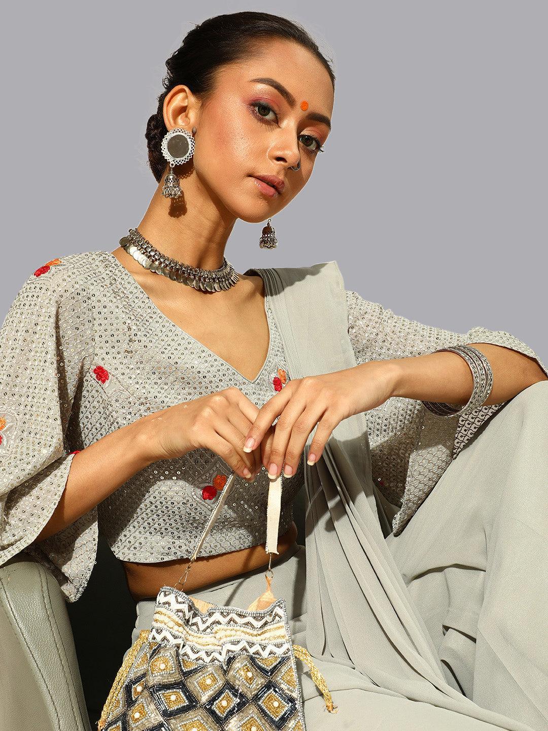 Grey Georgette Palazzo Saree - ShopLibas