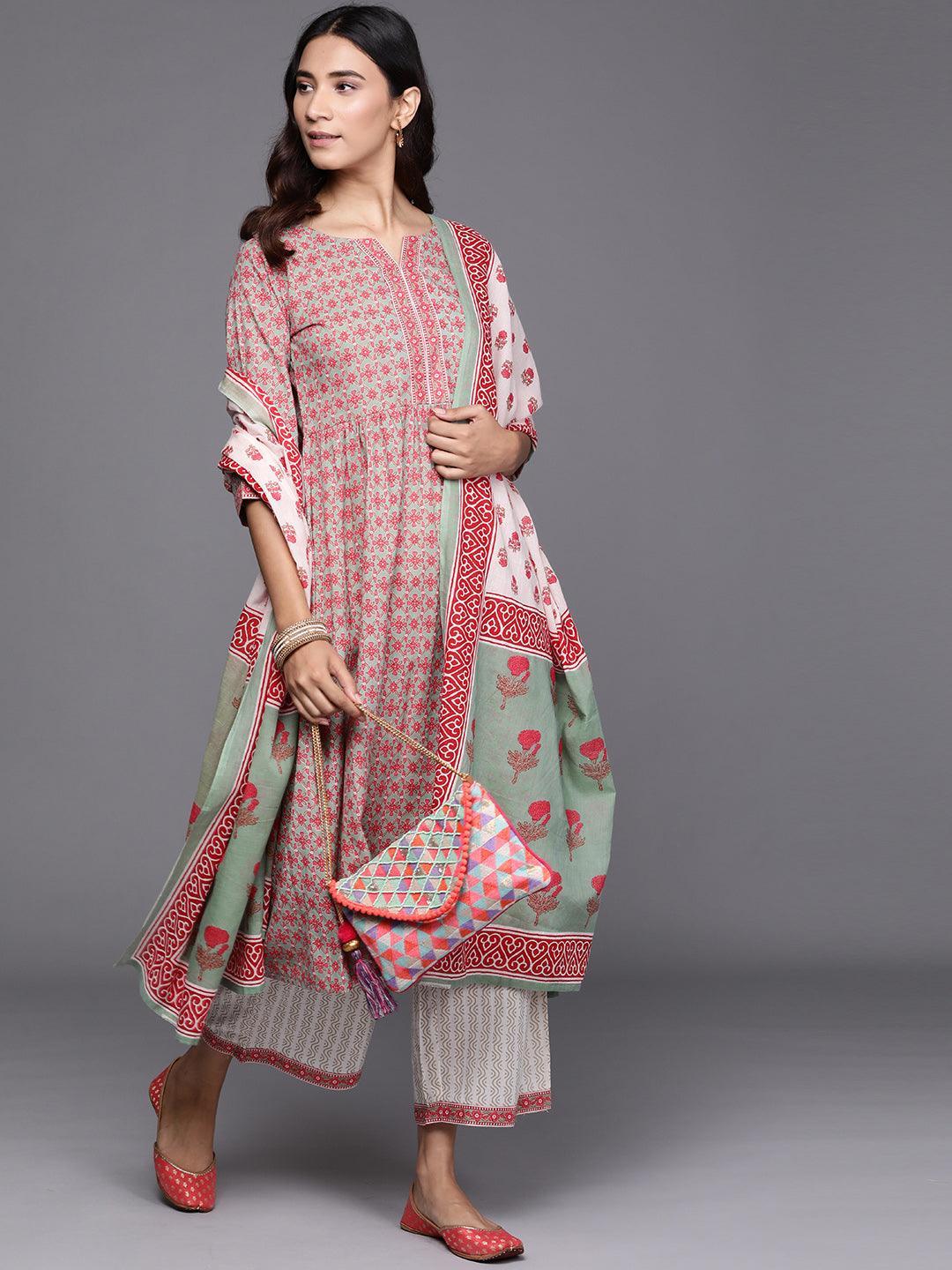 Sea Green Printed Cotton Suit Set - ShopLibas