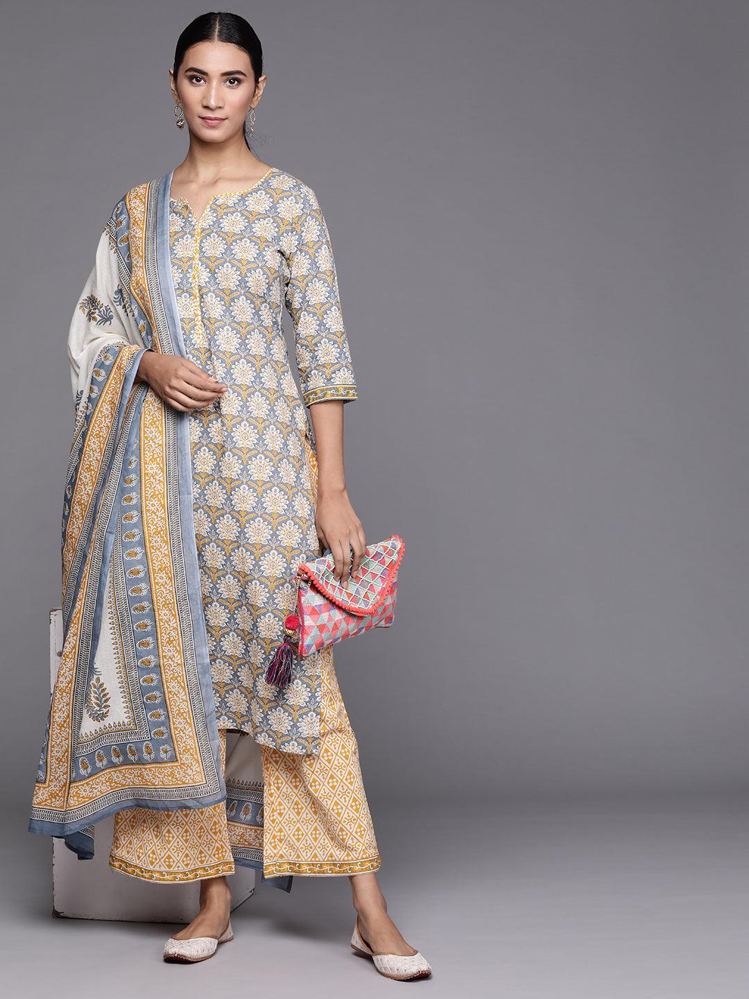 Grey Printed Cotton Suit Set - ShopLibas 