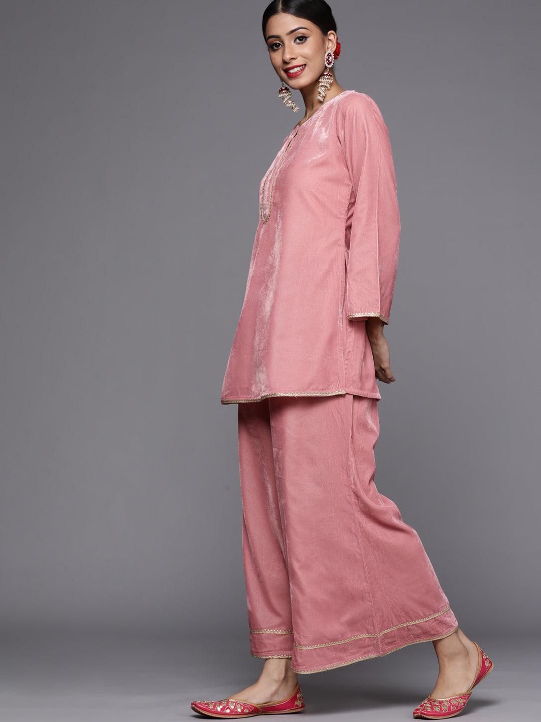 Pink Solid Velvet Suit Set - ShopLibas