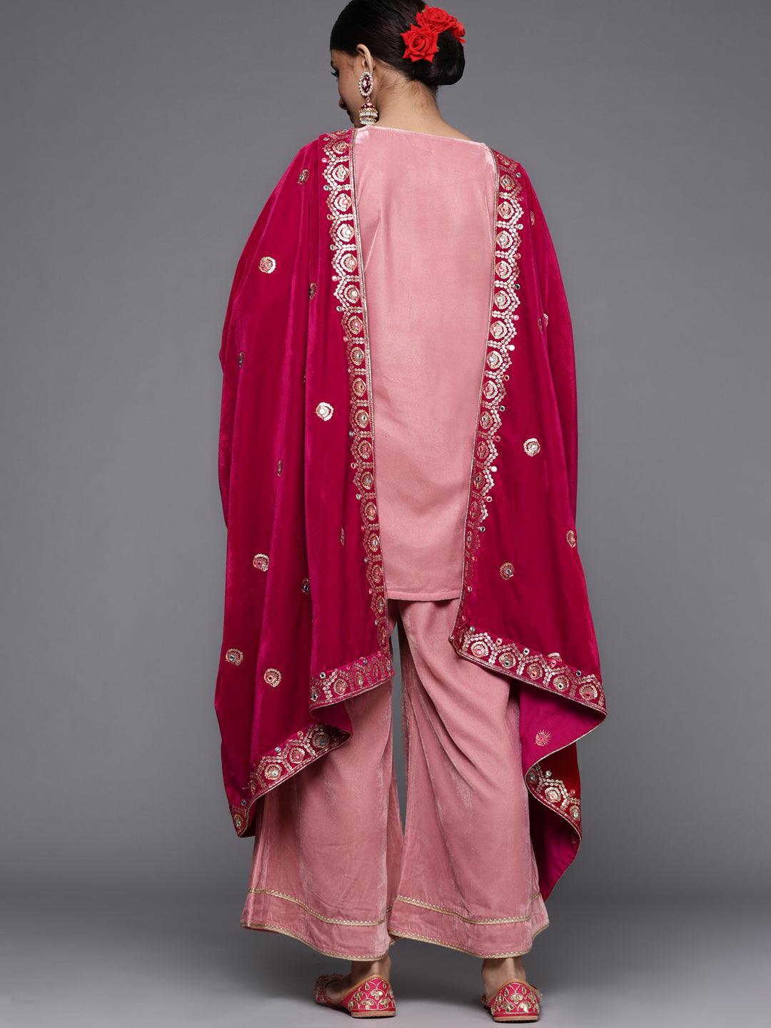 Pink Solid Velvet Suit Set - ShopLibas
