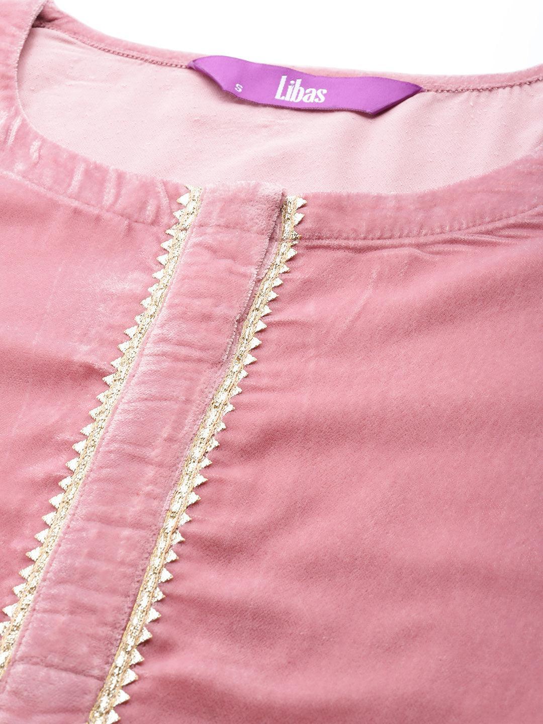 Pink Solid Velvet Suit Set - ShopLibas