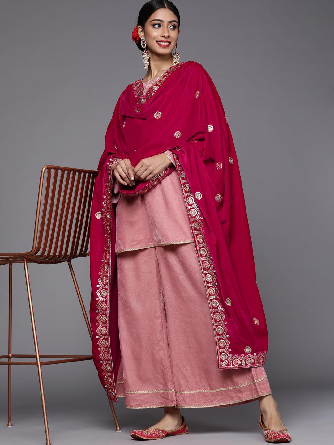 Pink Solid Velvet Suit Set - ShopLibas