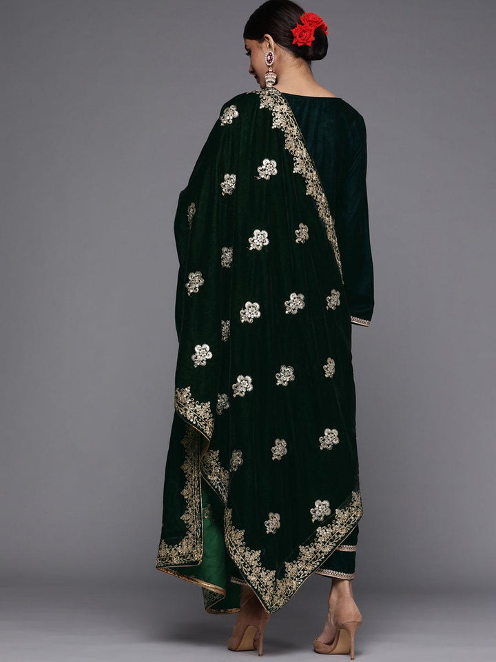 Green Embroidered Velvet Suit Set - ShopLibas