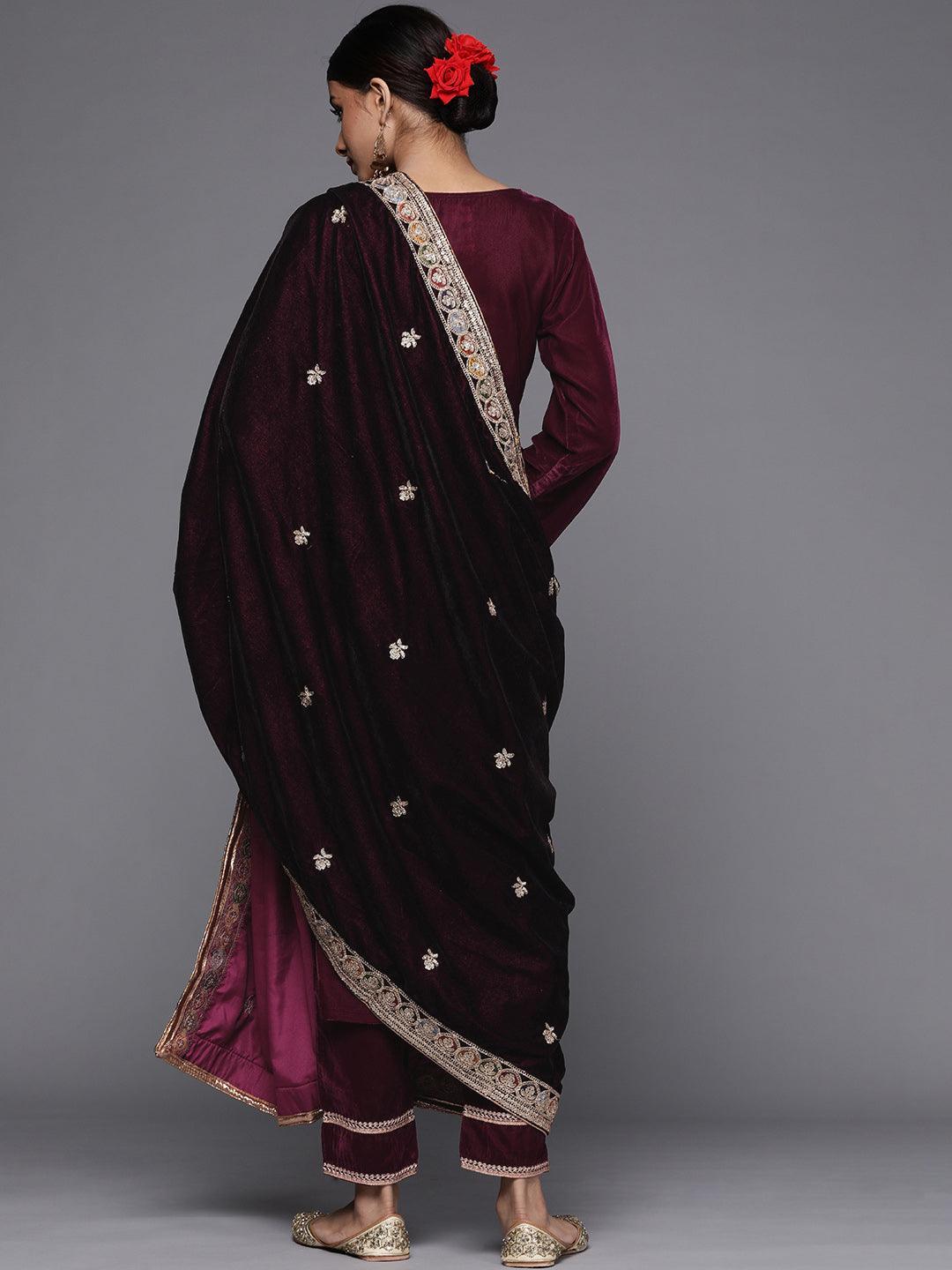 Purple Embroidered Velvet Suit Set - ShopLibas