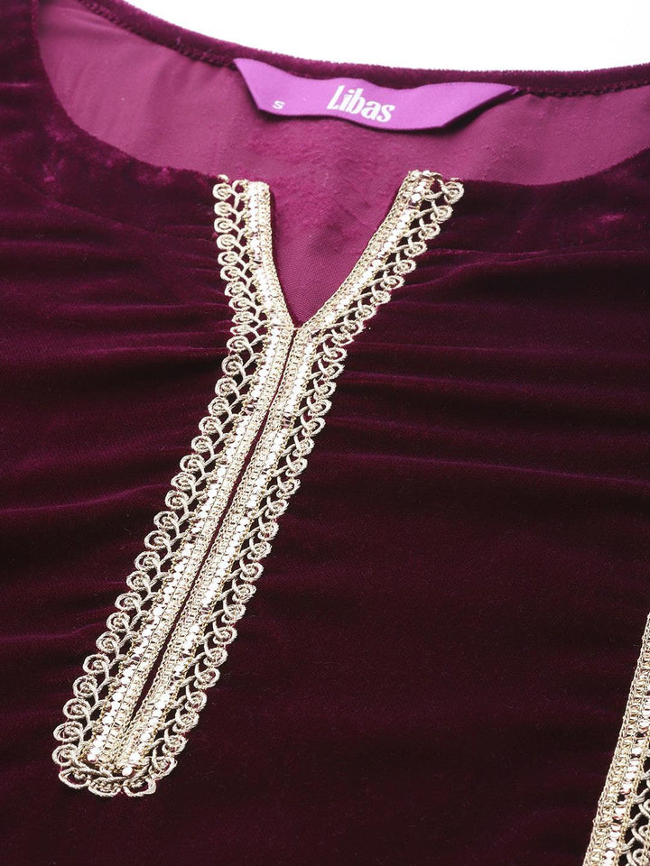Purple Embroidered Velvet Suit Set - ShopLibas