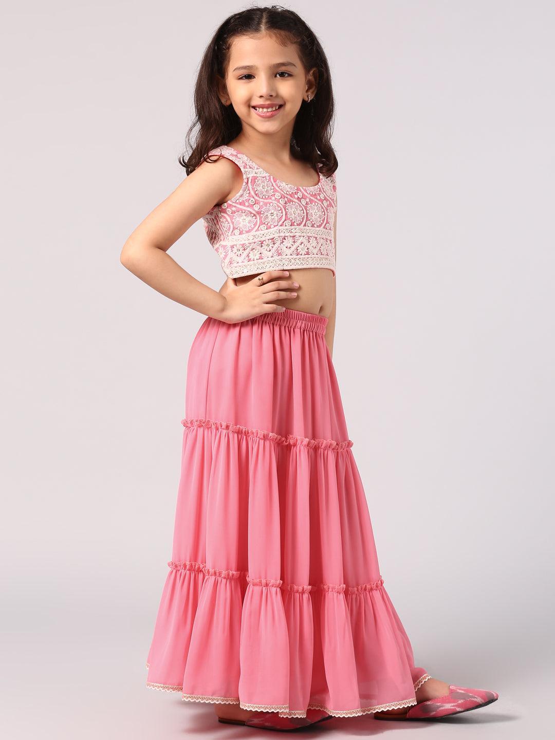 Pink Embroidered Georgette Lehenga Set - ShopLibas