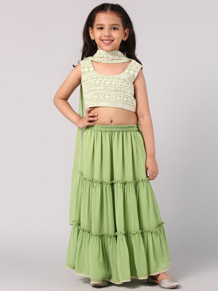 Green Embroidered Georgette Lehenga Set - ShopLibas