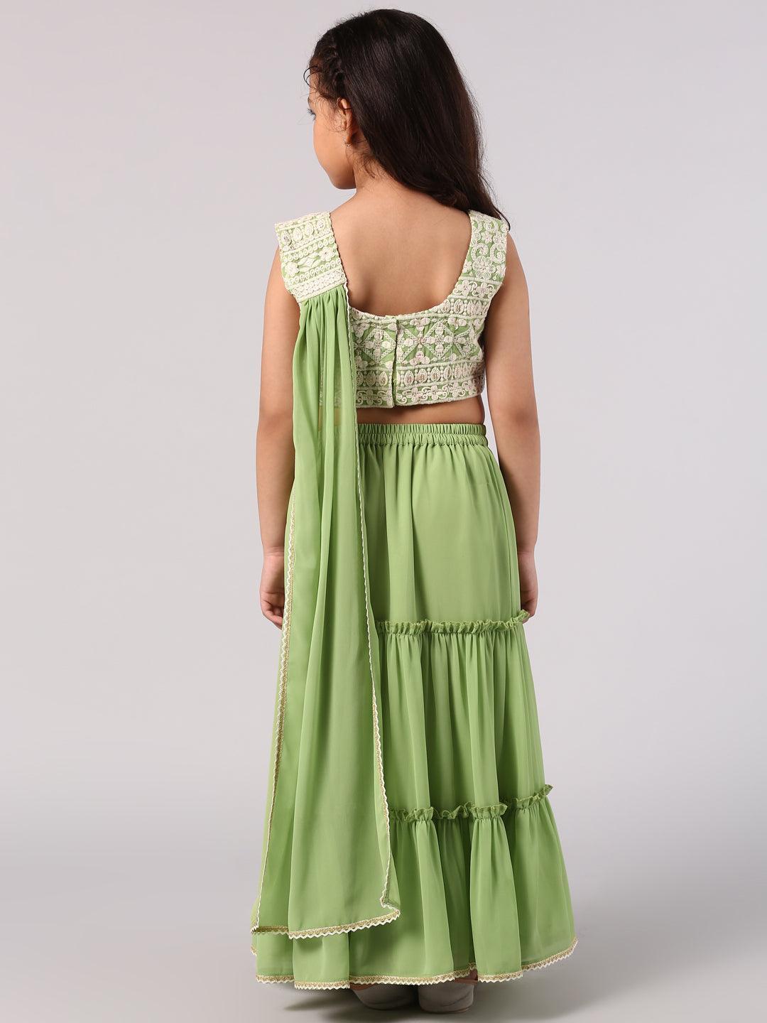 Green Embroidered Georgette Lehenga Set - ShopLibas