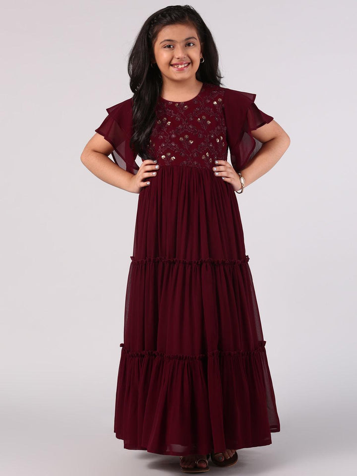 Maroon Embellished Georgette Dress - ShopLibas