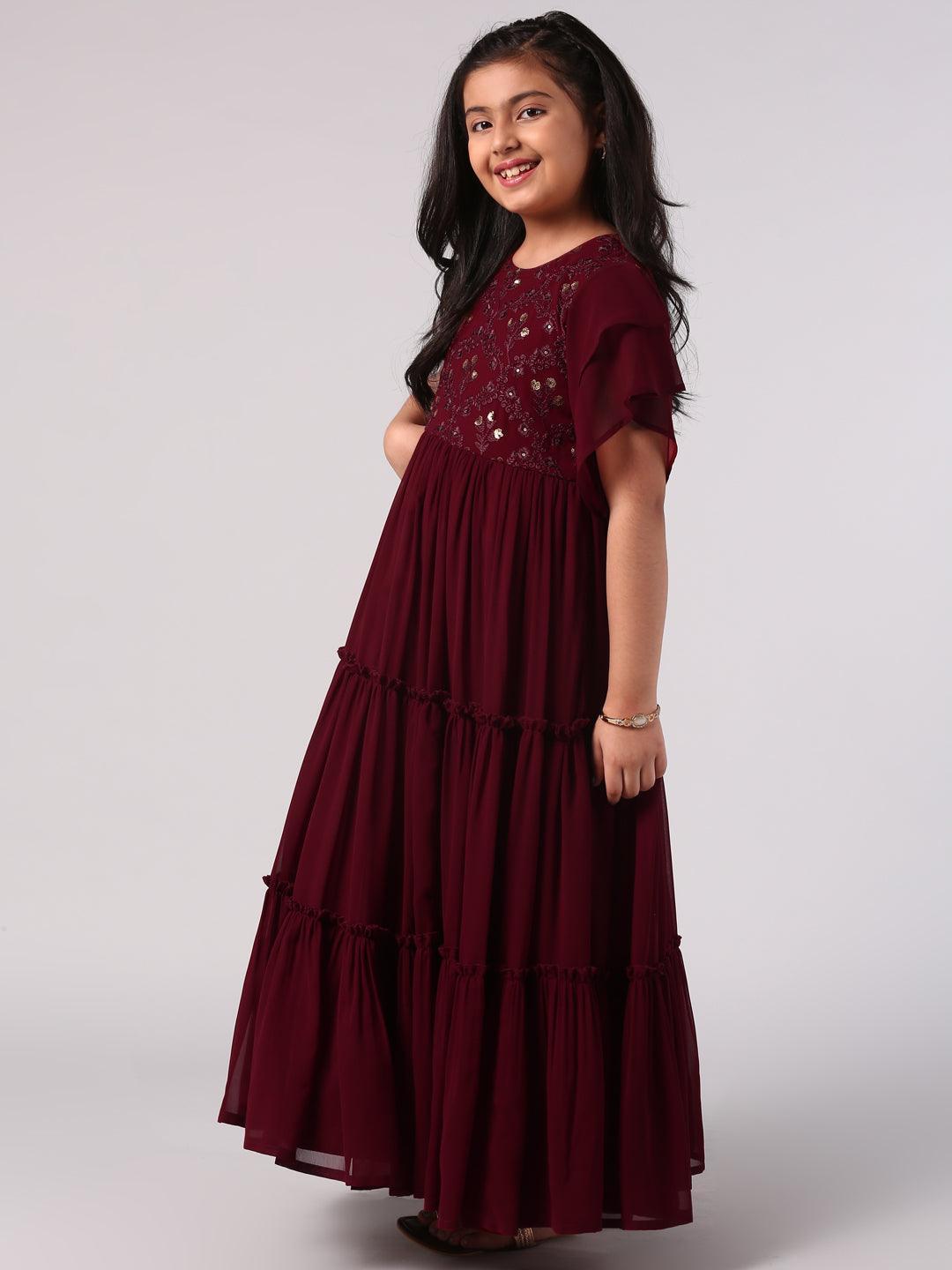 Maroon Embellished Georgette Dress - ShopLibas