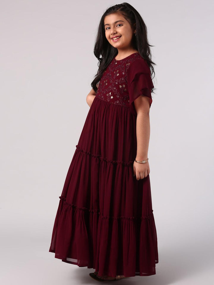 Maroon Embellished Georgette Dress - ShopLibas