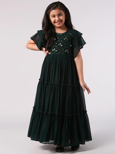 Green Embellished Georgette Dress - ShopLibas
