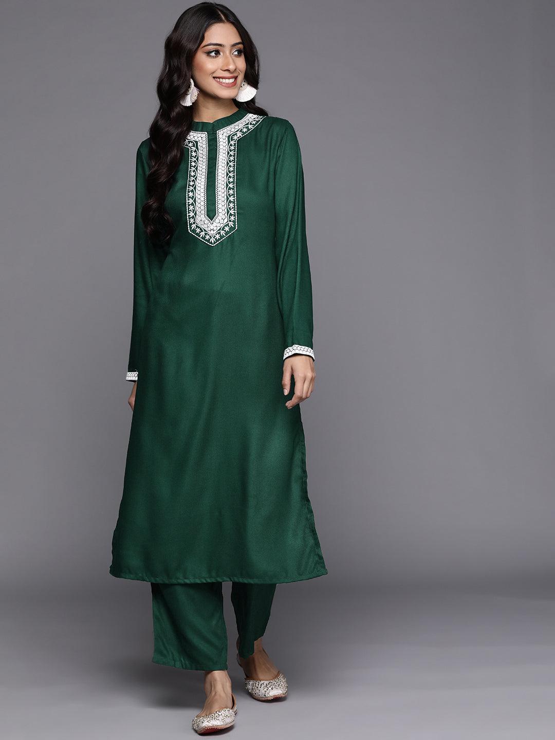 Green Solid Pashmina Wool Kurta Set - ShopLibas