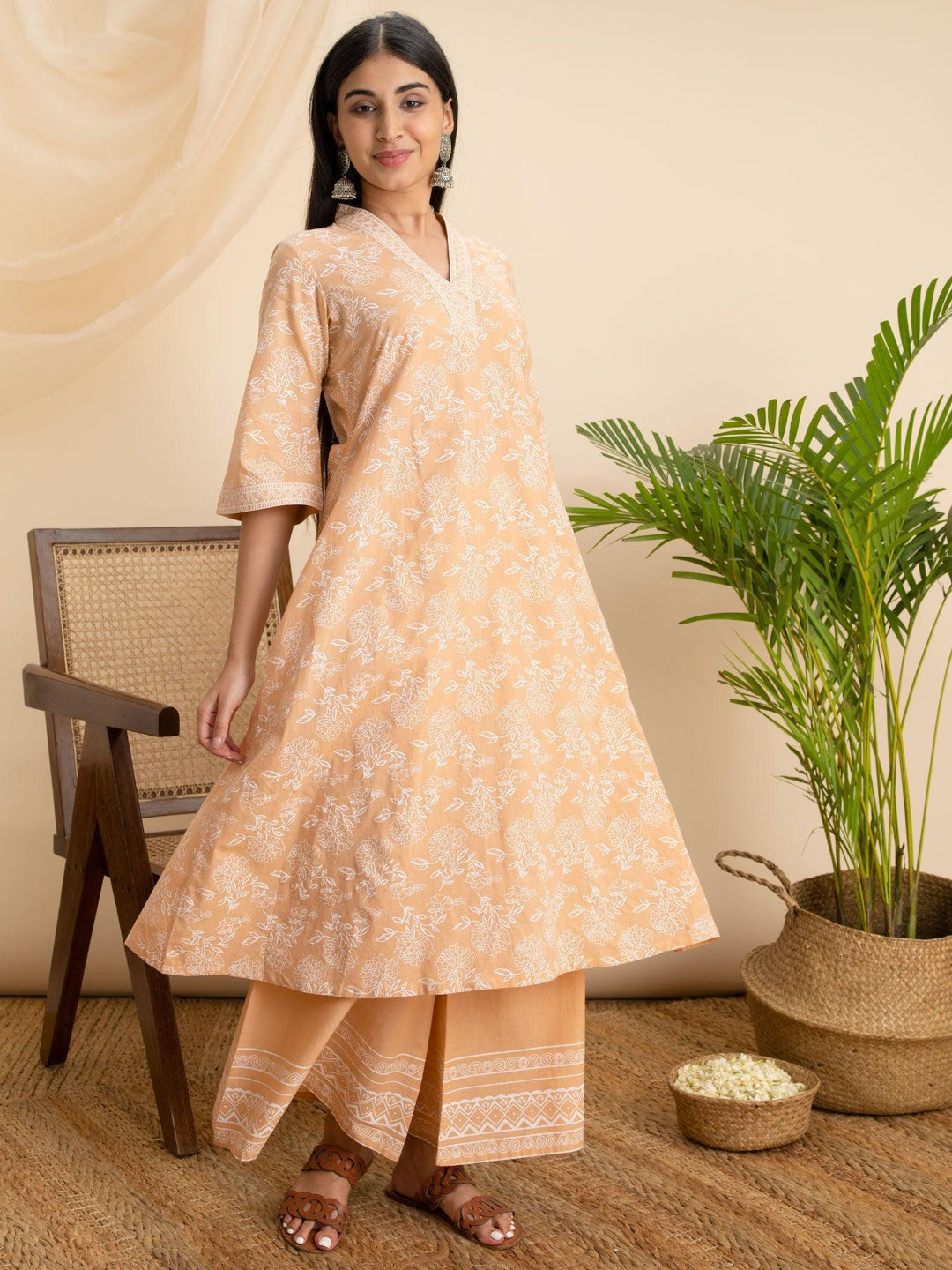 Peach Printed Cotton Kurta - ShopLibas