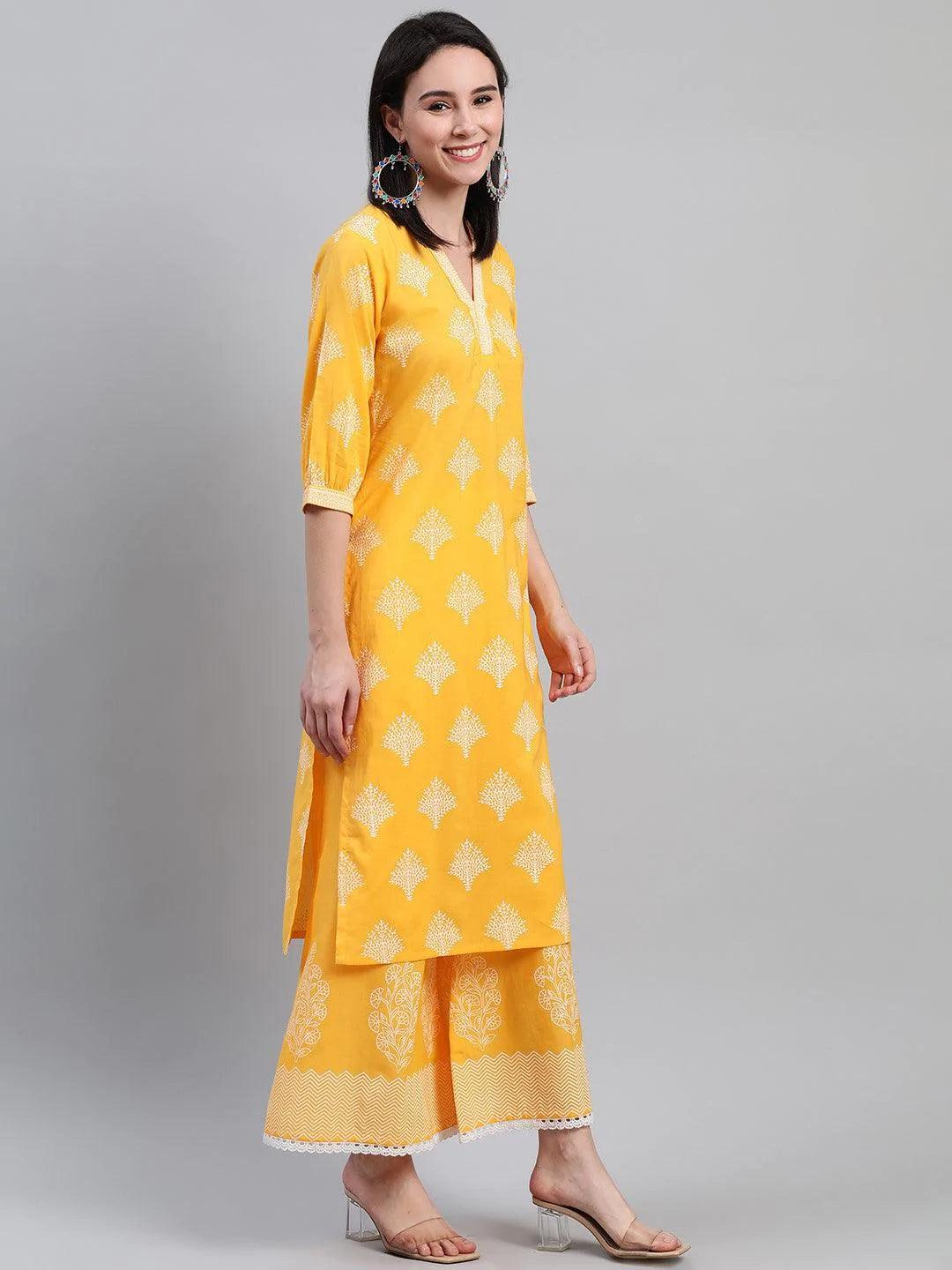 Yellow Printed Cotton Kurta - ShopLibas 