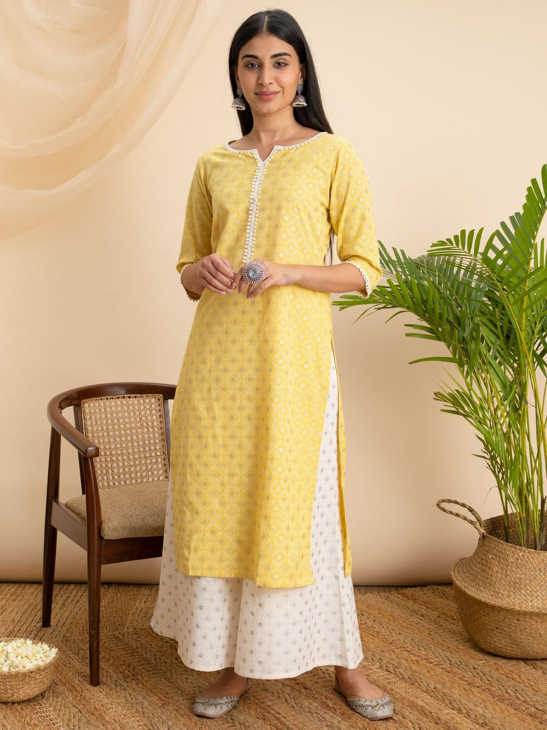 Yellow Printed Cotton Kurta - ShopLibas