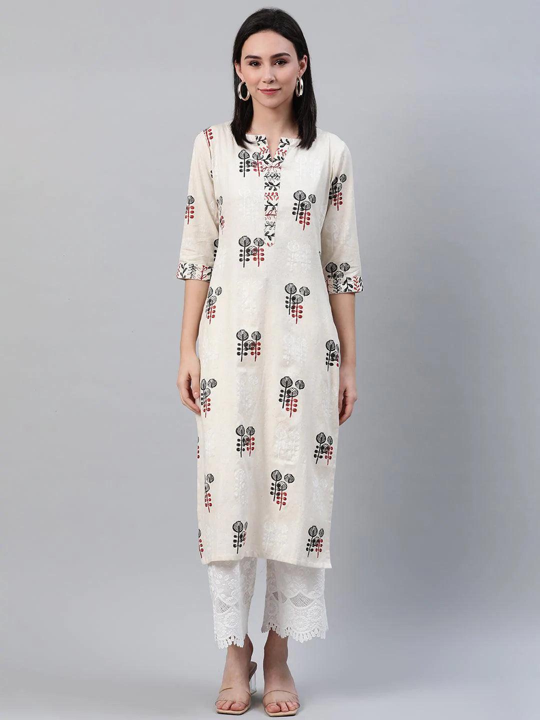 Beige Printed Cotton Kurta - ShopLibas