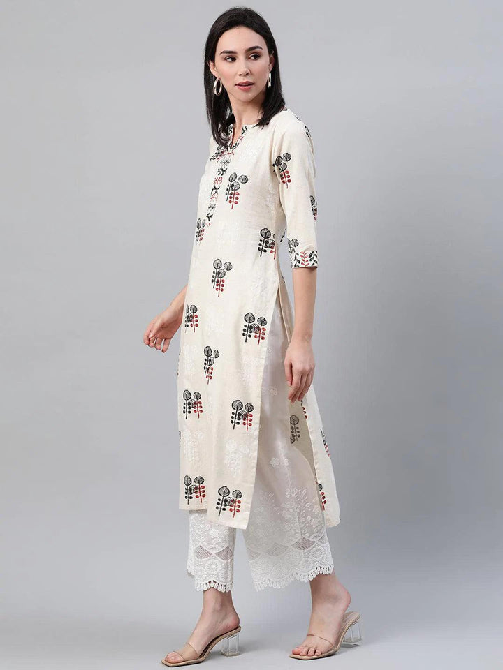 Beige Printed Cotton Kurta - ShopLibas