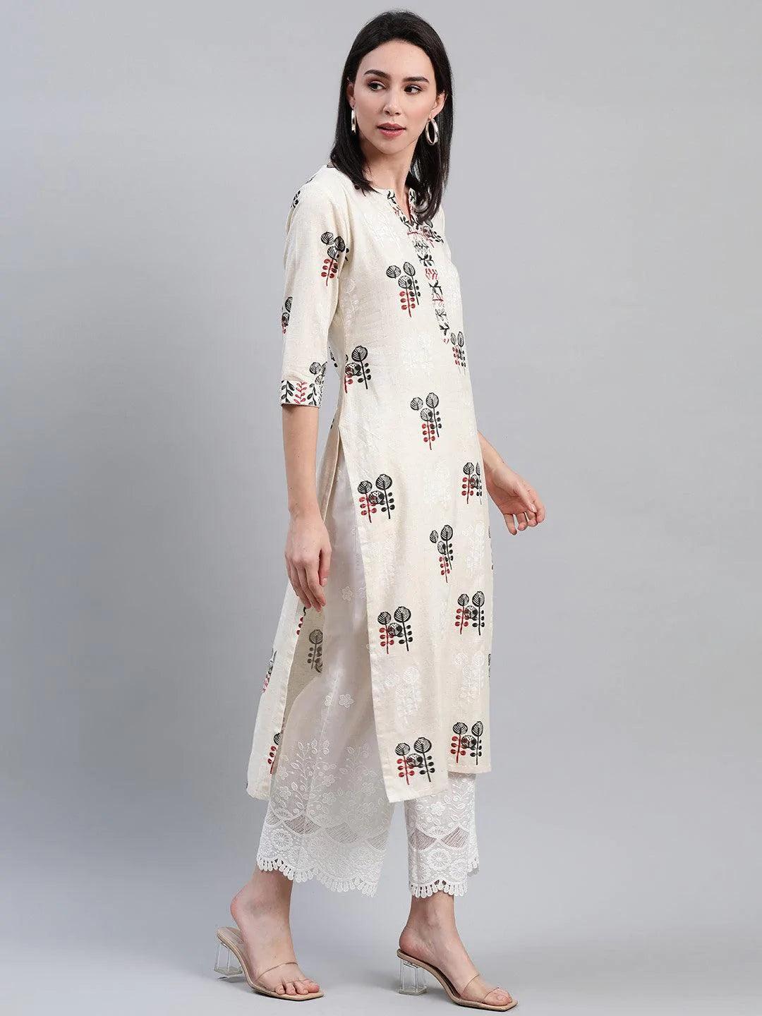 Beige Printed Cotton Kurta - ShopLibas