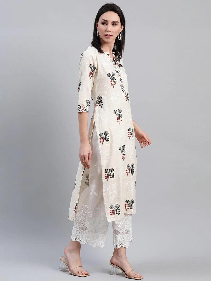 Beige Printed Cotton Kurta - ShopLibas