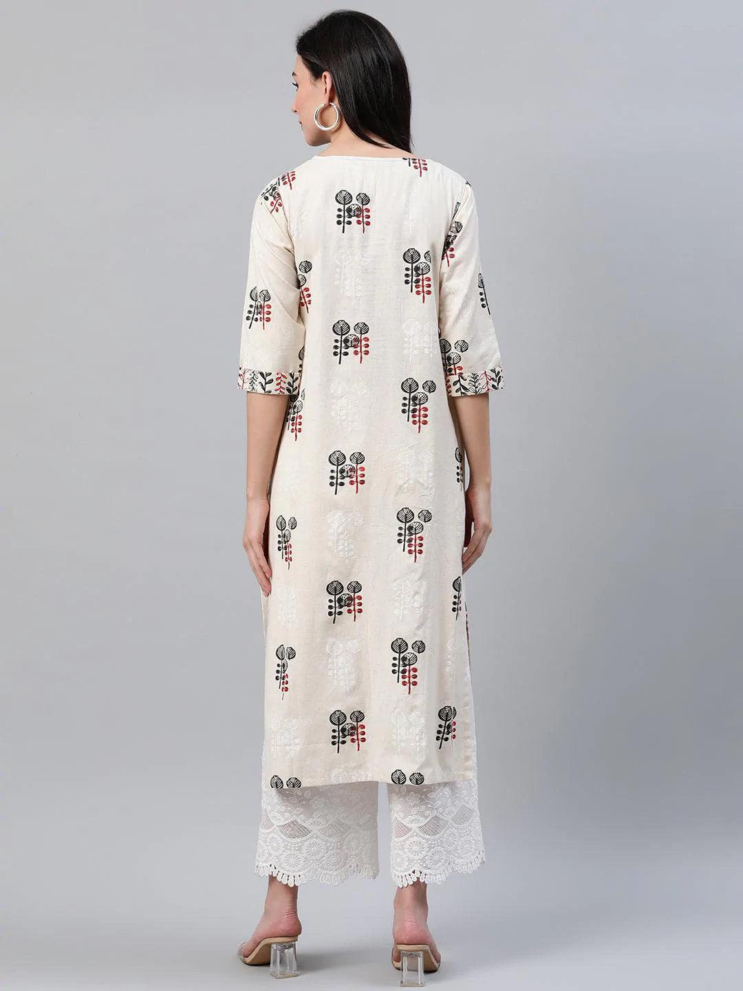 Beige Printed Cotton Kurta - ShopLibas