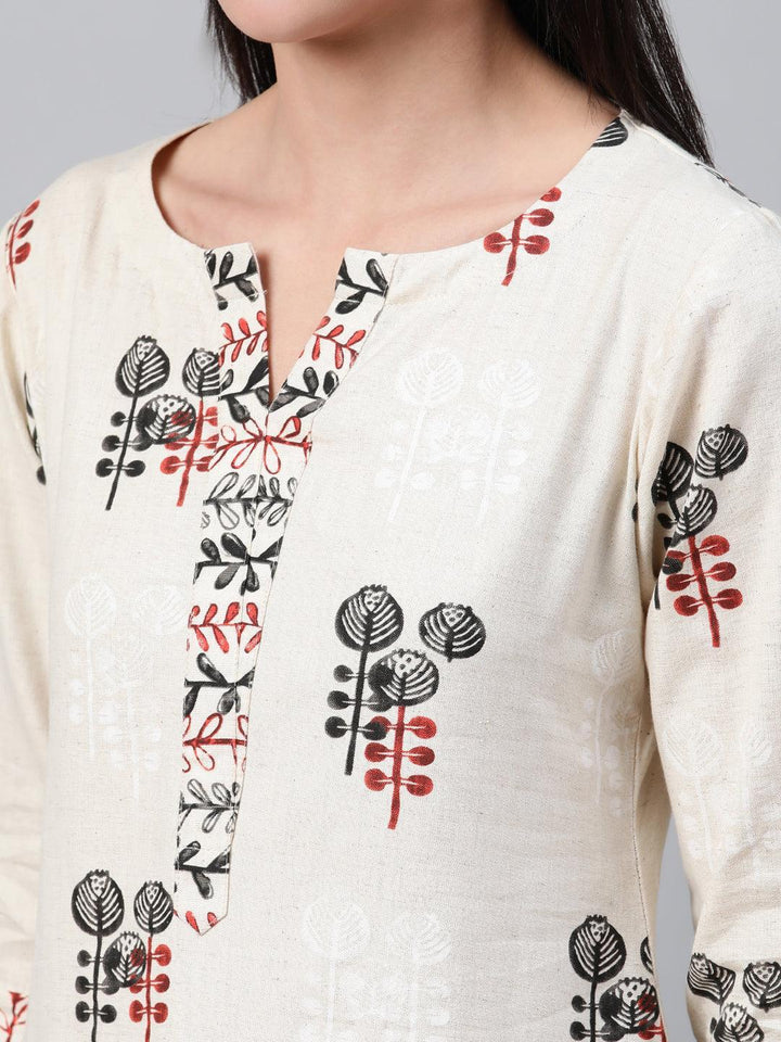 Beige Printed Cotton Kurta - ShopLibas