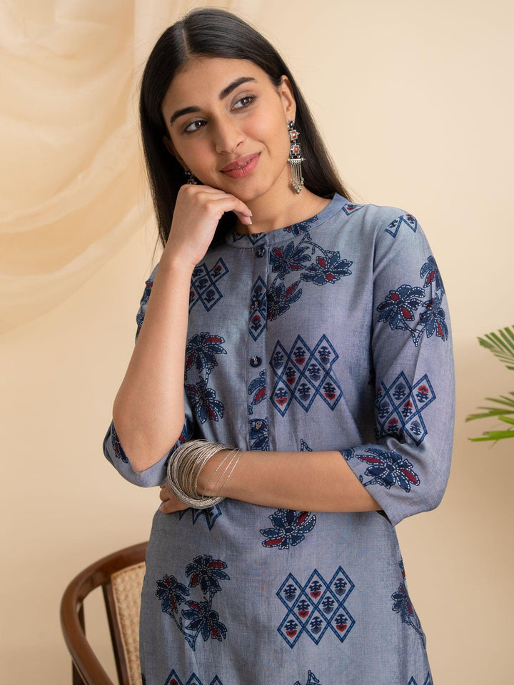 Grey Printed Rayon Kurta