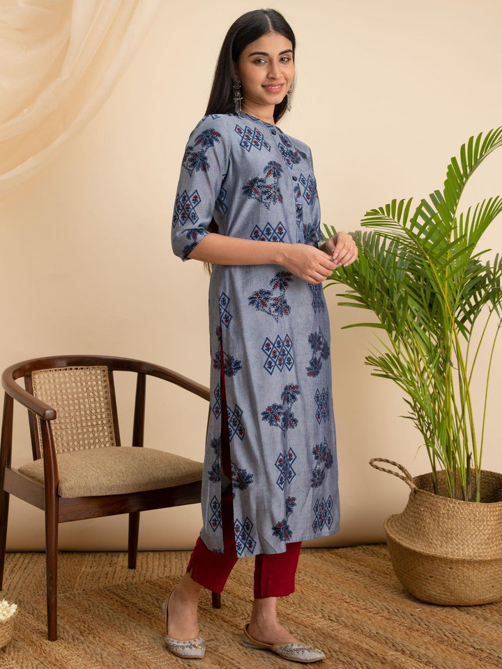 Grey Printed Rayon Kurta