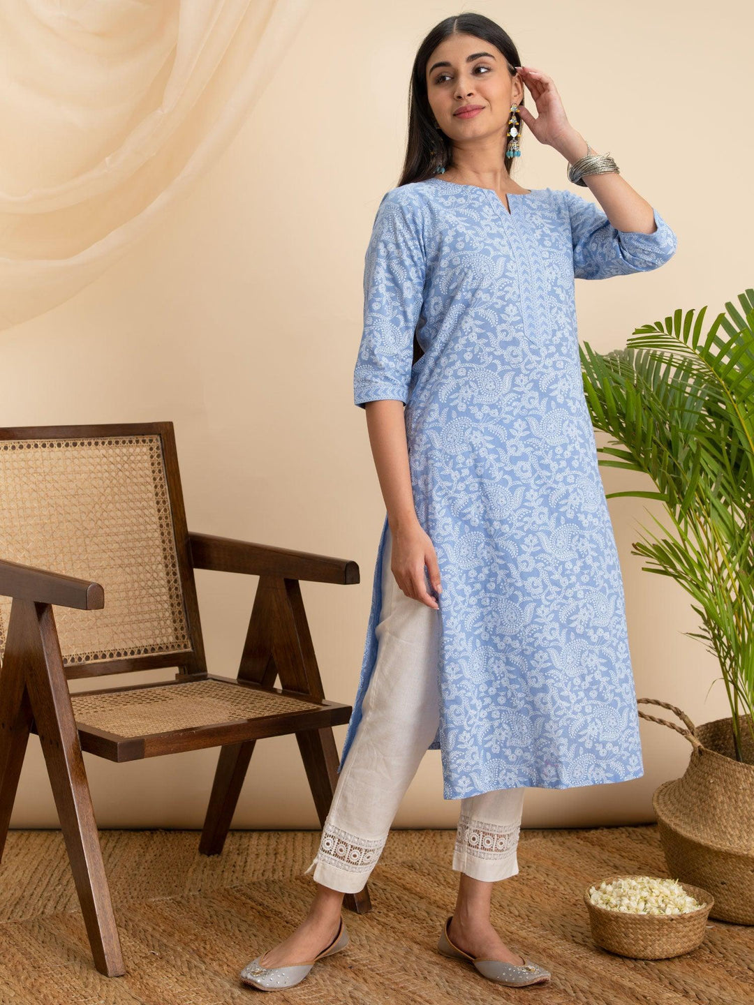 Blue Printed Cotton Kurta - ShopLibas