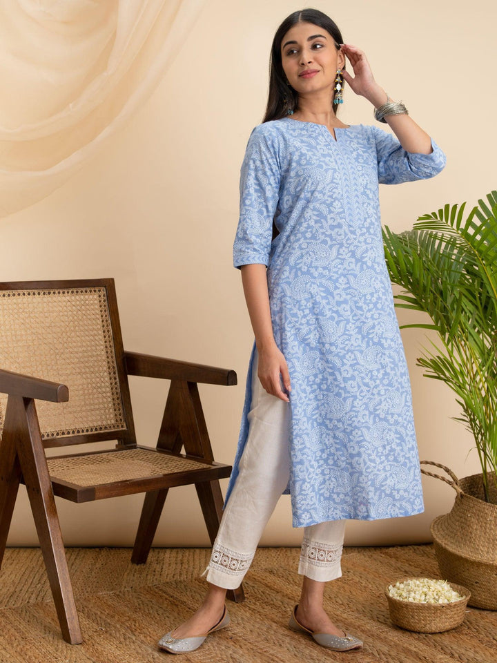Blue Printed Cotton Kurta - ShopLibas