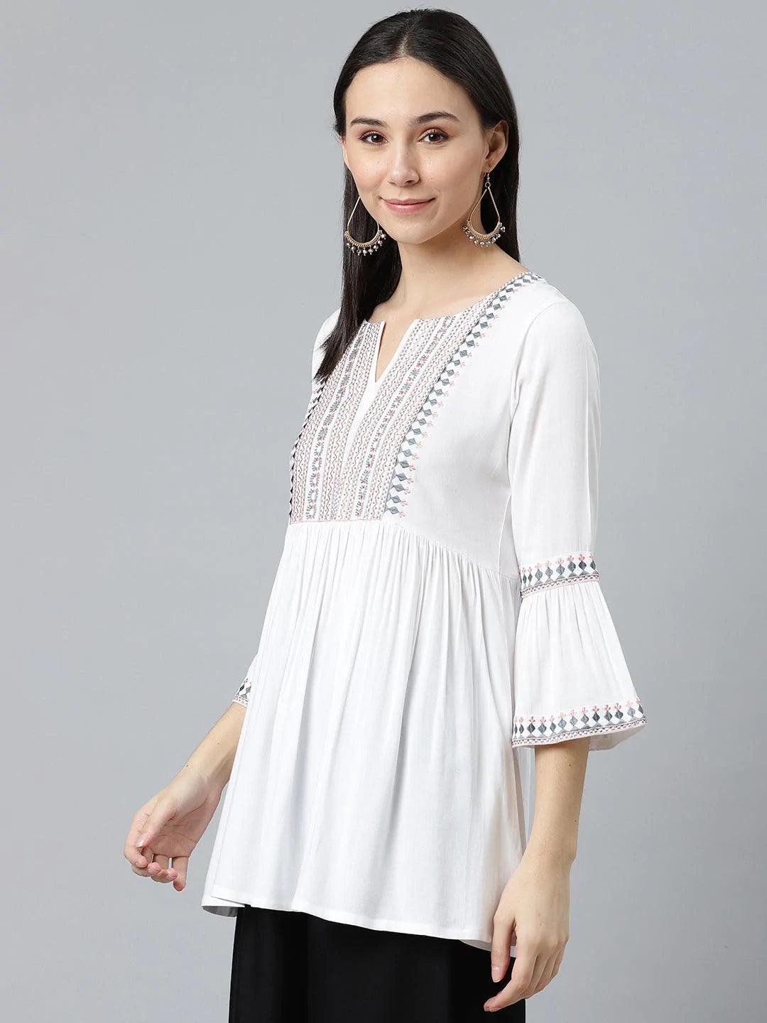 White Embroidered Rayon Kurti - ShopLibas 
