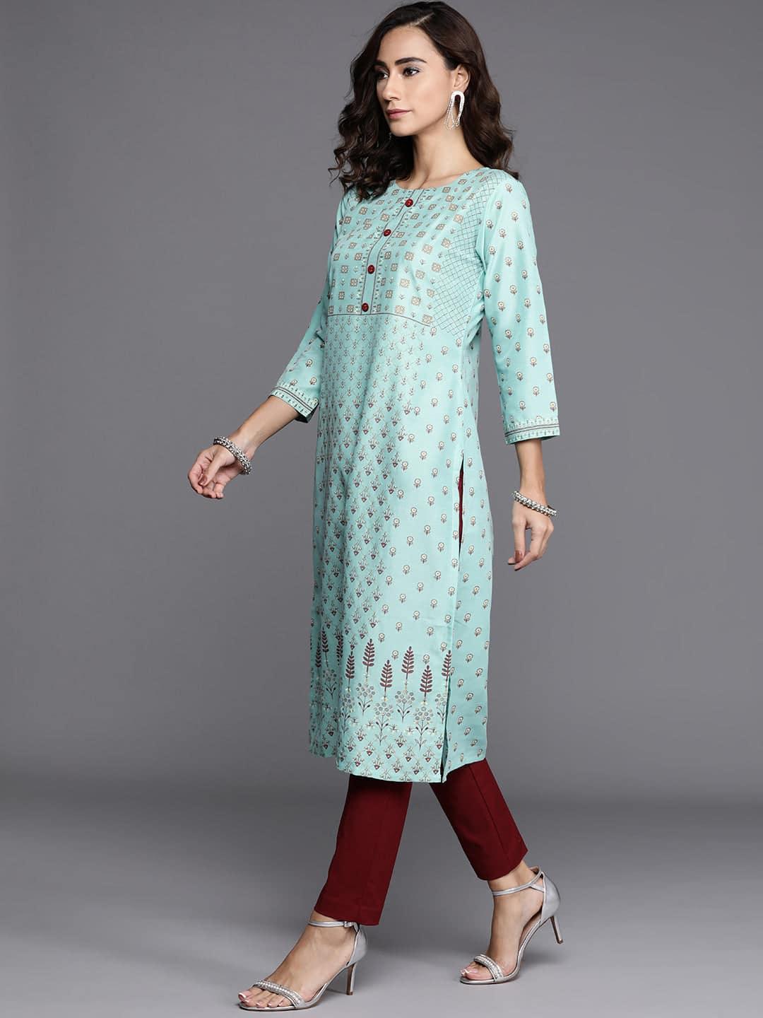 Blue Printed Chanderi Silk Kurta - ShopLibas