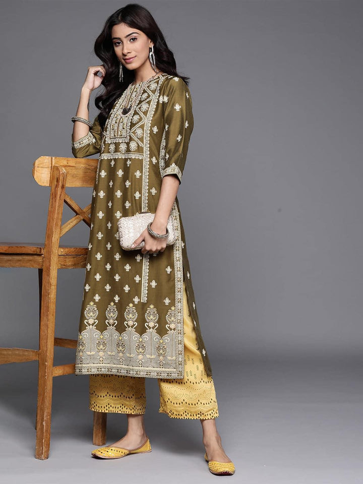 Green Printed Chanderi Silk Kurta - ShopLibas