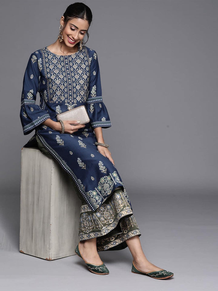 Blue Printed Chanderi Silk Kurta - ShopLibas