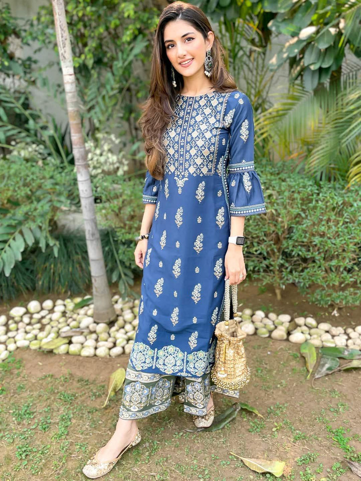 Blue Printed Chanderi Silk Kurta - ShopLibas